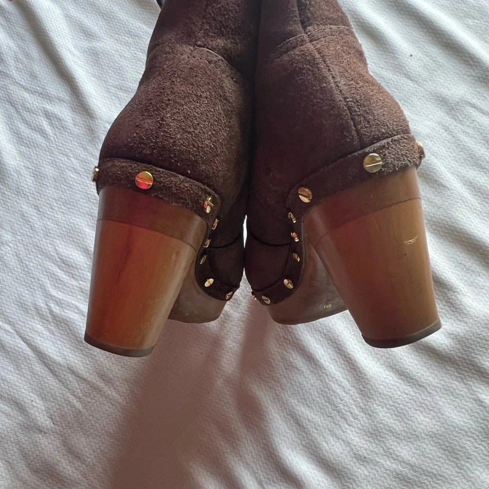 Tory Burch Brown Heeled Boots with Gold Accents‎